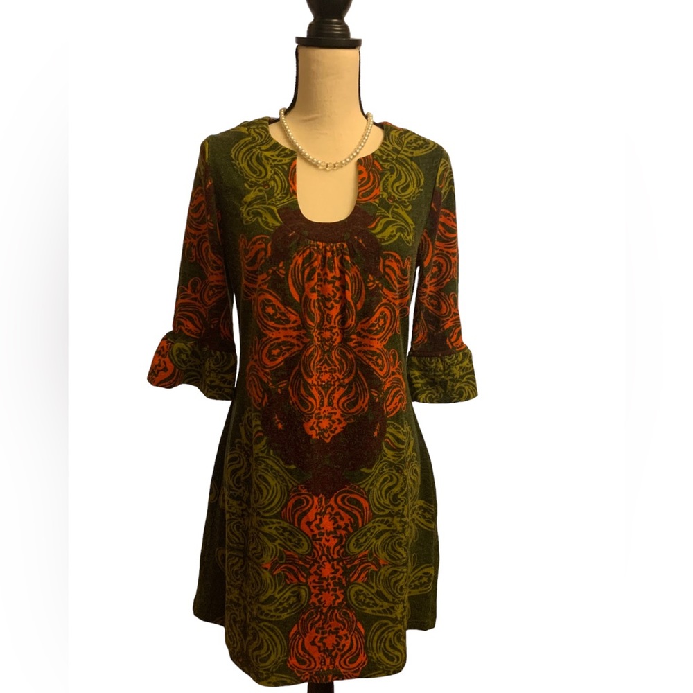 Aryeh vintage look olive green orange sweater dress sz S